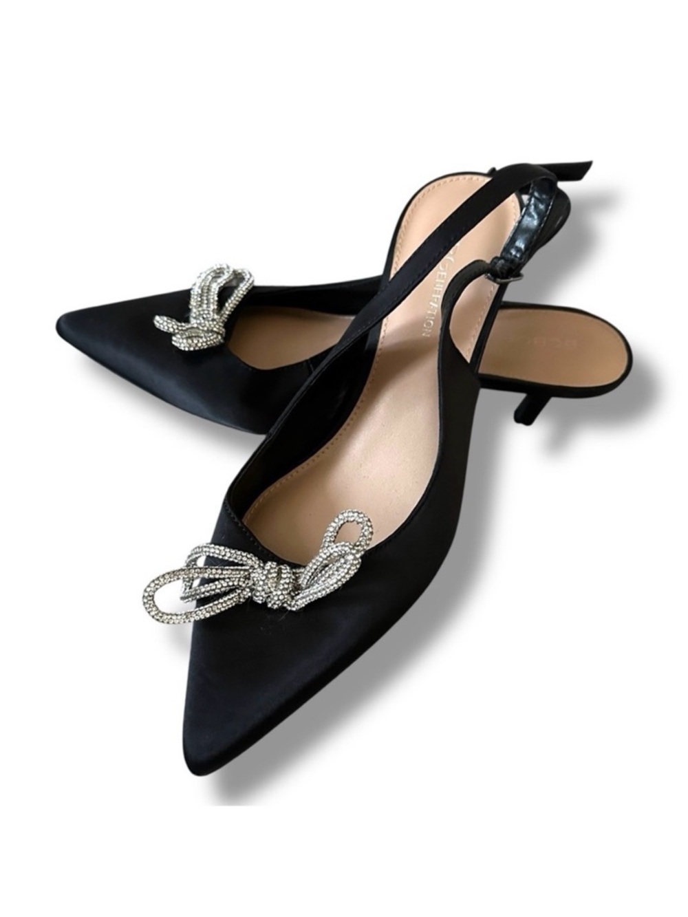 BCBGeneration Donna Black Satin Rhinestone Bow Slingback Pumps Women’s Size 8